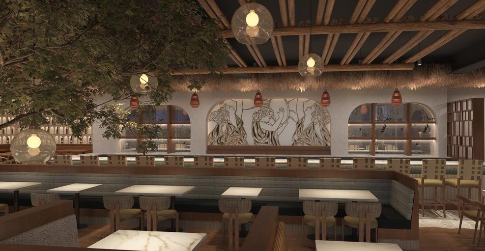 Design rendering of the long bar under a thatched canopy, with a line-drawn mural of dancing figures