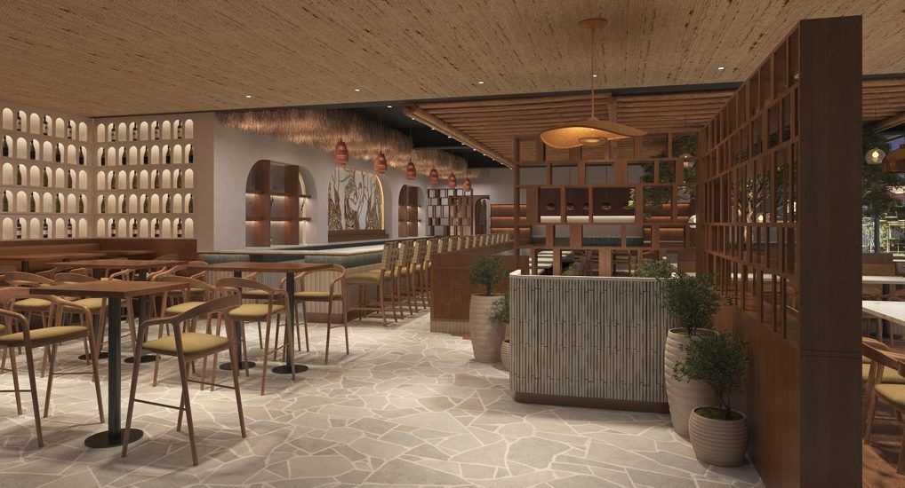 Design rendering of the bar, with an arched wine wall, stone floor and woven pendant lights