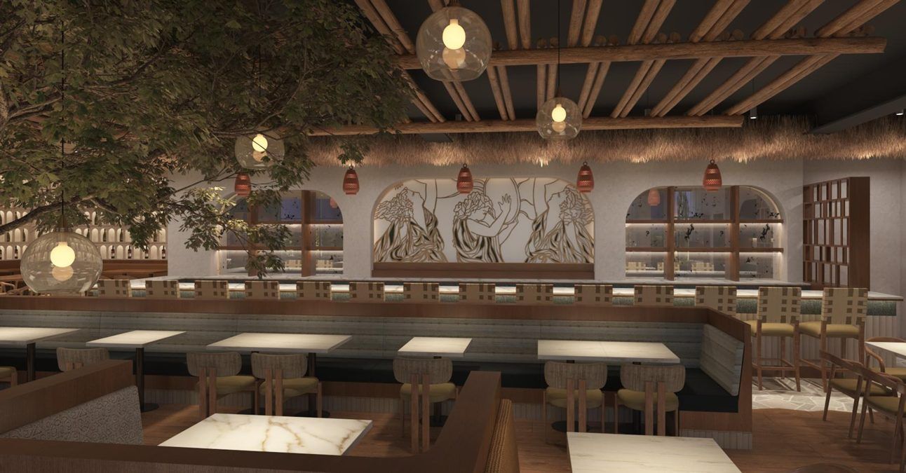 Design rendering of the booth seating facing the bar mural