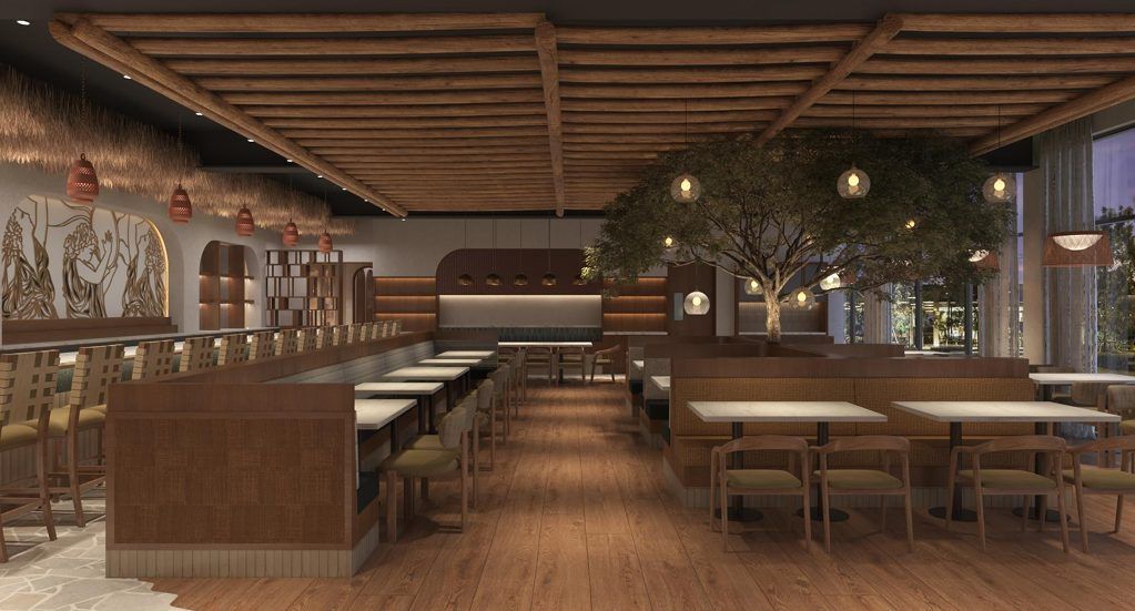 Design rendering of the Ethos dining room: wood-beamed ceiling, a tree at the center, booths and a mural behind the bar